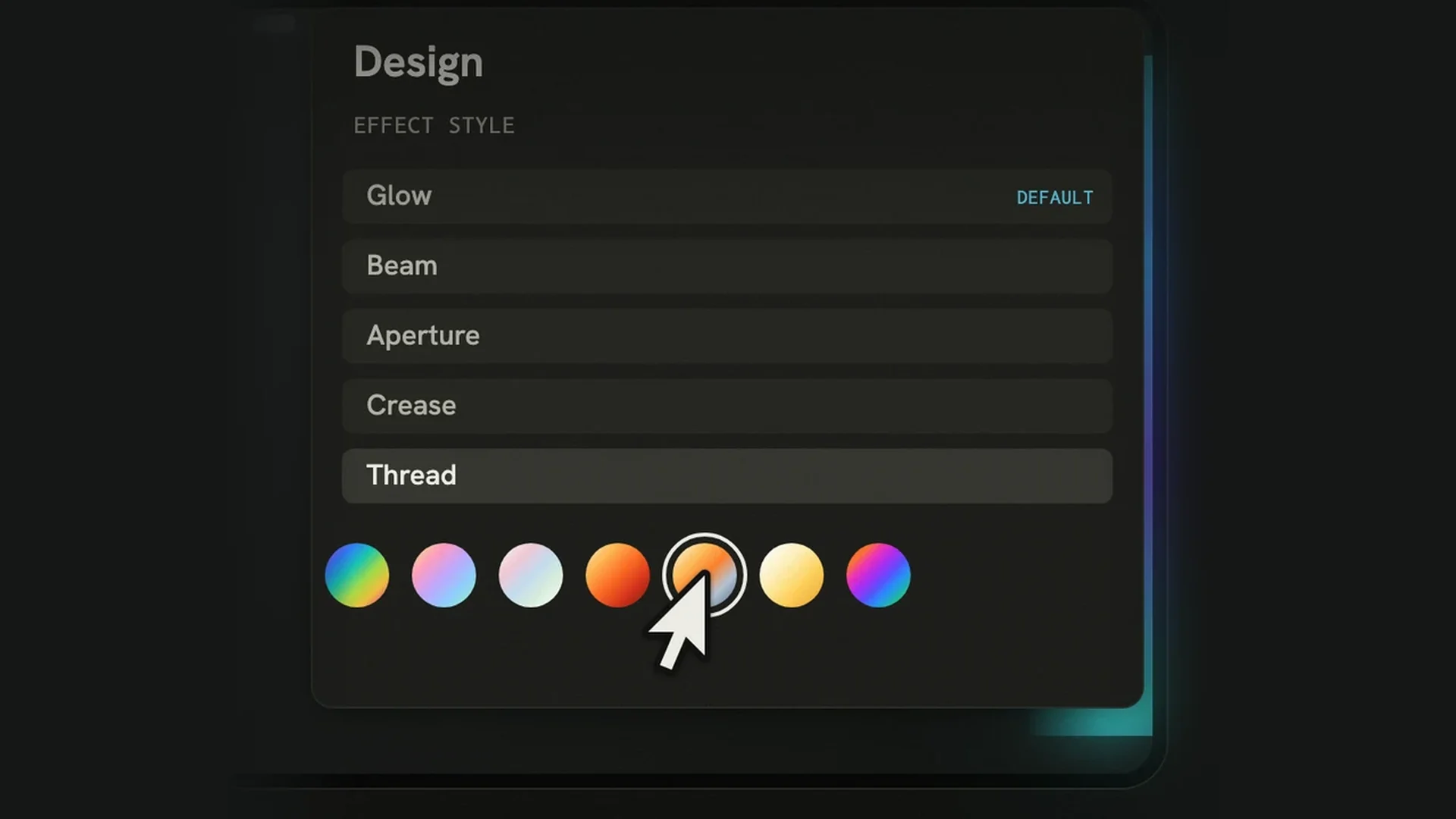Drawing of Beamer’s Design page: the styles Glow, the default, Beam, Aperture, Crease and Thread, and a row of colour packs.